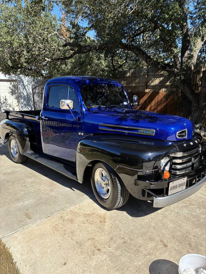 Classic blue Ford pickup truck hand washed at a Dripping Springs home